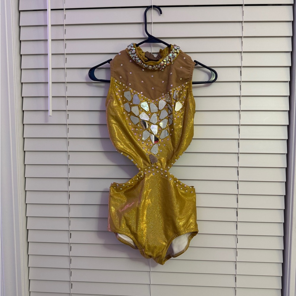 Custom Gold Rhinestone Dance Costume w/ Mirrors + Wristbands
